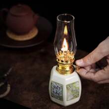 1pc Ceramic Plum, Orchid, Bamboo, Chrysanthemum Oil Lamp, Adjustable Wick Camping Fuel Lamp, Ceramic Candlestick For Altar, Desktop Decor Lamp, Indoor Ceramic Oil Lamp, Oil Lamp/Hurricane Lamp With Flame Control Knob, Celebration Lamp, Retro Metal Appearance, No Power Supply Required.