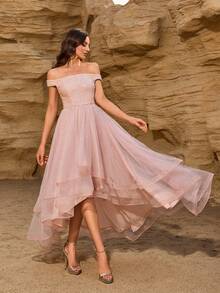 Elisanya Off Shoulder Contrast Sequin High Low Hem Mesh Party Dress,Cocktail Semi Formal Prom Dress - Champagne - View 7