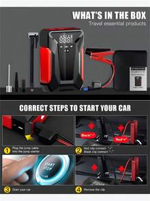 Arrancador portátil de coche con compresor de aire, luz LED de emergencia y batería externa - Carga rápida para teléfonos, portátiles, coches, camiones, autocaravanas y talla grande - Incluye bolsa de almacenamiento, cargador de batería de vehículo | Batería compacta | Características avanzadas, arrancador portátil de batería de coche