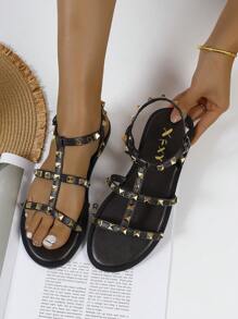 Women's Fashion Open Toe Sandals, Casual Beach Street Style Clip Stud Decor Memory Foam Insole Flat Sandals, Sexy And Personalized In Black