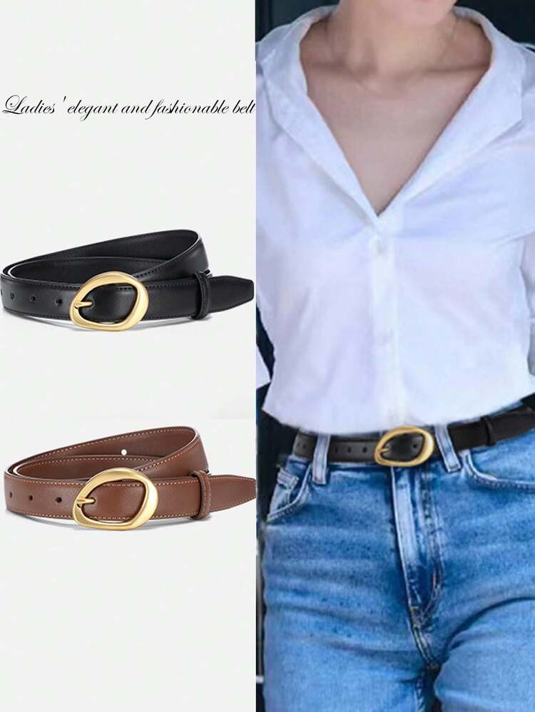 2pcs Gold Buckle Women's Belt, Elegant And Fashionable Belt For Women, Suitable For Jeans, Casual Pants, Dresses Summer, School Fall, Autumn, Halloween - Multicolor - View 1