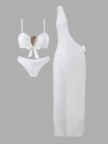 3pcs Set: Simple Solid Color Swimwear Top With Metal Accent, V-Cut Triangle Shorts, And Solid Color Side Trim Maxi Skirt Cover Up - White - View 5