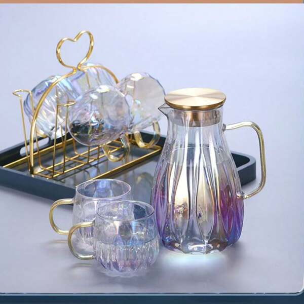 1pc Feather Glass Cold Water Pitcher, Large Capacity Gold Lid Fruit/Lemon Juice Pitcher, Chilled White Tea Pot, Colorful Infuser Pot