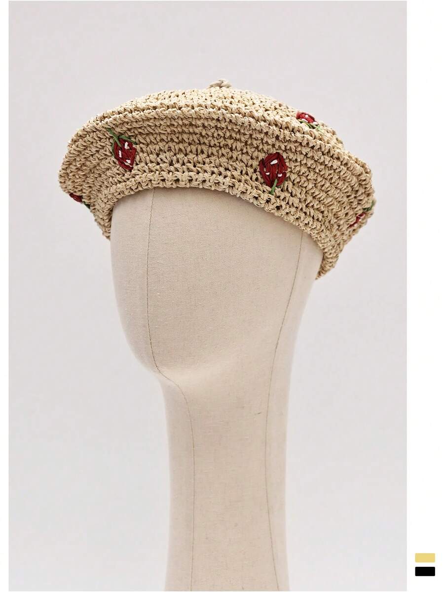 1pc Sweet Cute Little Strawberry Woven Beret Hat, Versatile Summer Beach Vacation Street Snap Cloud Painter Cap, Breathable Straw Beret For Women, Spring/Summer, Artistic Versatile Straw Hat - White - View 1