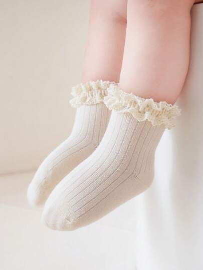 1 Pair Girls Breathable Lace Princess Style Cute Baby Socks, Suitable For Casual Wear, Holiday, Birthday Party, Daily Use