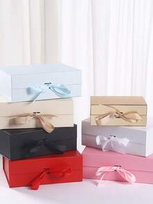 1pc Foldable Magnetic-Closure Ribbon Bow Gift Packaging Box, Presentation Box For Christmas, Holidays - Multicolor - View 2