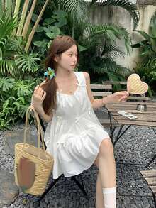 甜美仙女风简约3D蝴蝶结装饰连衣裙，夏季 - 白色 - 查看 4