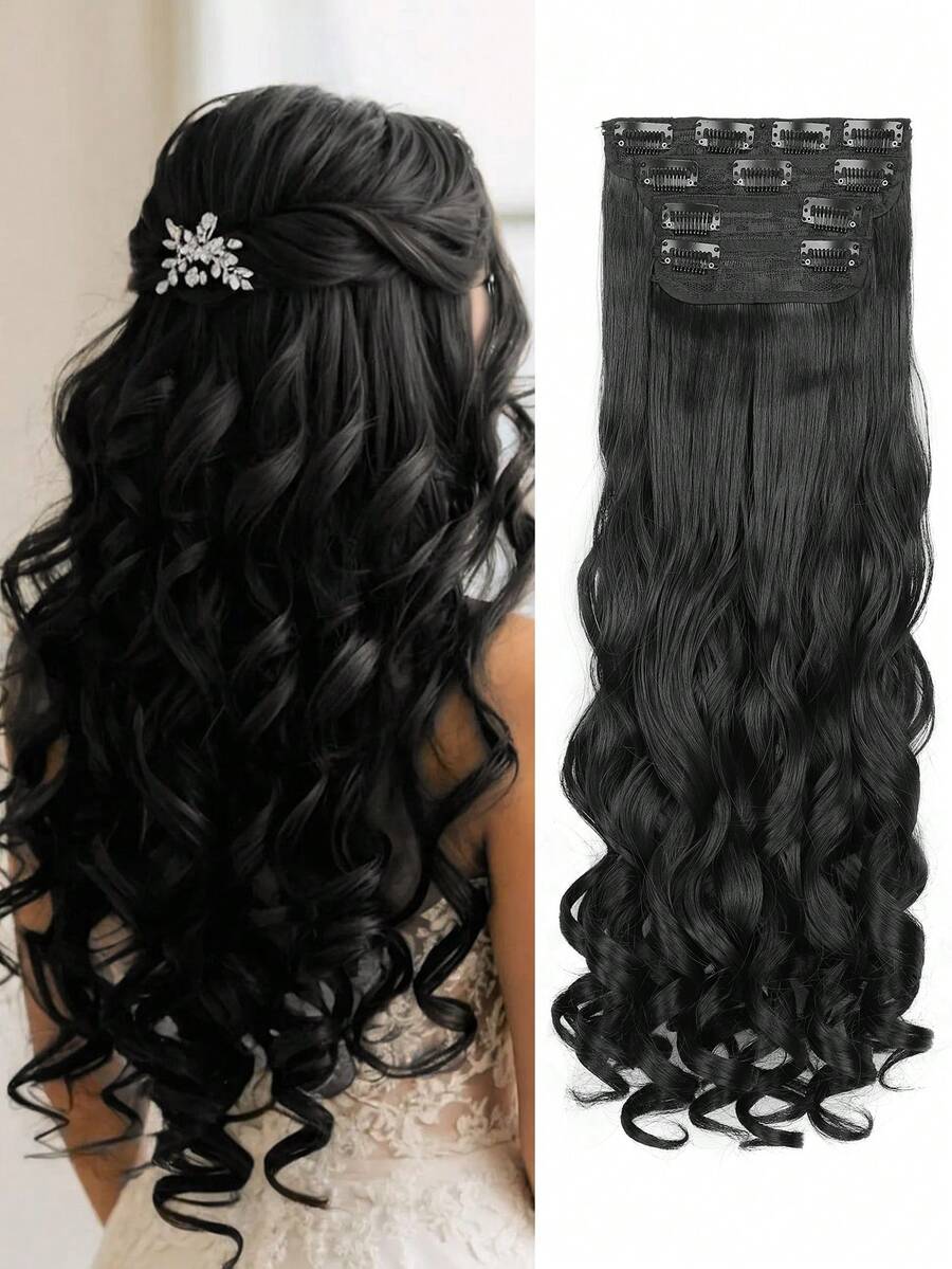 夹式接发，20 英寸长波浪形 4 件接发天然柔软合成纤维耐高温耐热夹式假发适合女性婚礼派对日常使用 - 黑色 - 查看 1
