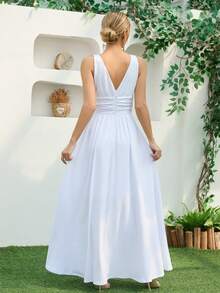 Damen weißes elegantes Kleid mit V-Ausschnitt, hoher Taille und Rüschenbesatz am Saum, ärmellos, geeignet für Hochzeiten, Partys, Brautjungfern - Weiss - Übersicht 2