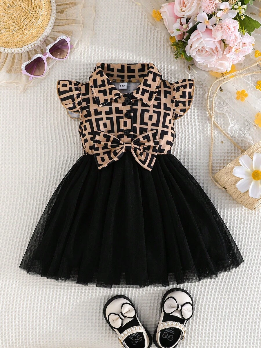 婴儿/女宝宝时尚盖袖拼布印花和网眼装饰连衣裙，夏季 - 黑色 - 查看 1