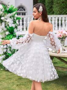 UNITHORSE Strapless, Drop Shoulder,Waist Cinched, Short Wedding Dress With 3D Floral Decor, Flattering And Elegant,Bride