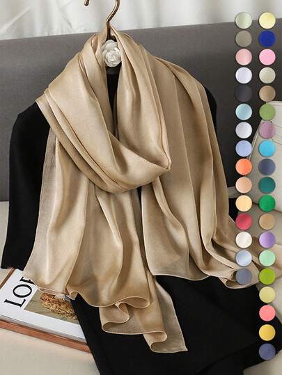 1pc Women Bohemian Style Solid Color Printed Scarf, Fashionable Satin Silk Surface Hijab, Sunscreen Vacation & Air-Conditioned Windproof Shawl For Dress