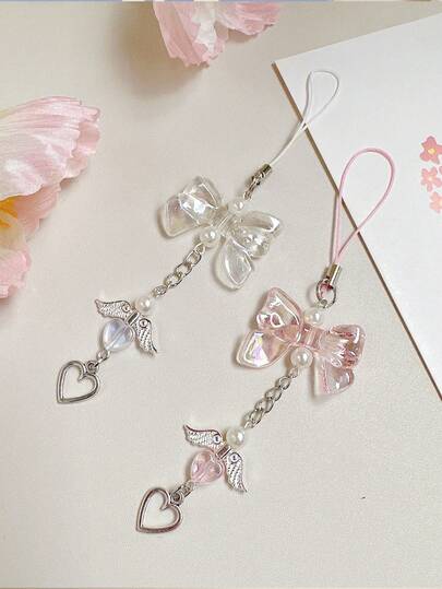 1 pieza Dulce y con estilo cordón para llave y teléfono con colgante con forma de corazón, alas de mariposa y ángel en colores