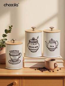 choxila 3pcs Set Metal Storage Jars For Coffee, Tea & Sugar, Moisture-Proof, Airtight Food Sealed Cans With Lids, Coffee Storage Canisters Kitchen Organizers - Beige - View 5