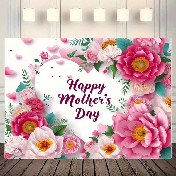 1pc Mother's Day Floral Background Burning Pink And White Flowers With Green Leaves, Heart-Shaped Design, Polyester Material, Perfect For Parties And Celebrations, Party Background Floral Theme Durable Fabric, Mother's Day Decor, Gift For Mothers, Multi-Size, No Electricity Required