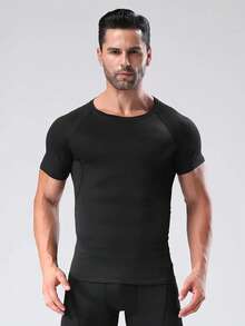 1 pieza Camiseta deportiva de manga corta y cuello redondo, de unicolor, transpirable, para hombres, talla grande, adecuada para correr, ir al gimnasio, ciclismo - Negro - Ver 2