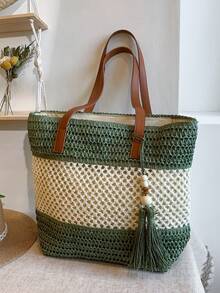 1pc New Holiday Tassel Pendant Bicolor Woven Beach Tote Bag, Casual Shoulder Handbag For Beach Trip, Travel - Green - View 5