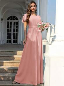 Volly Toych Baby Pink Chiffon Bridesmaid Dress, Round Neck Ruffle Sleeve Pleated Ruffle Hem Long Design - Dusty Pink - View 5