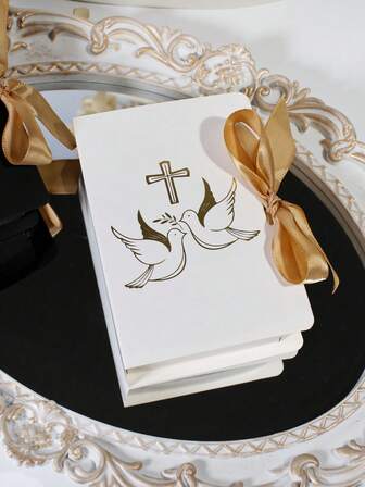 5pcs Mini Religious Gift Boxes With Gold Foil & Cross Design – Small Cardstock Favor Boxes With Satin Ribbon – Ideal For Baptism, First, Easter, Christian Celebrations – Black And White Color Options