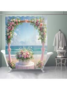 1pc/4pcs Marine Beach Flower Arch Print Multifunctional Bathroom Shower Curtain Set With 12 Hooks, Anti-Slip Bath Mat, U-Shape Toilet Mat, Round Toilet Lid Cover, Full Bathroom Set For All Scenarios Bathroom Accessories Back To School