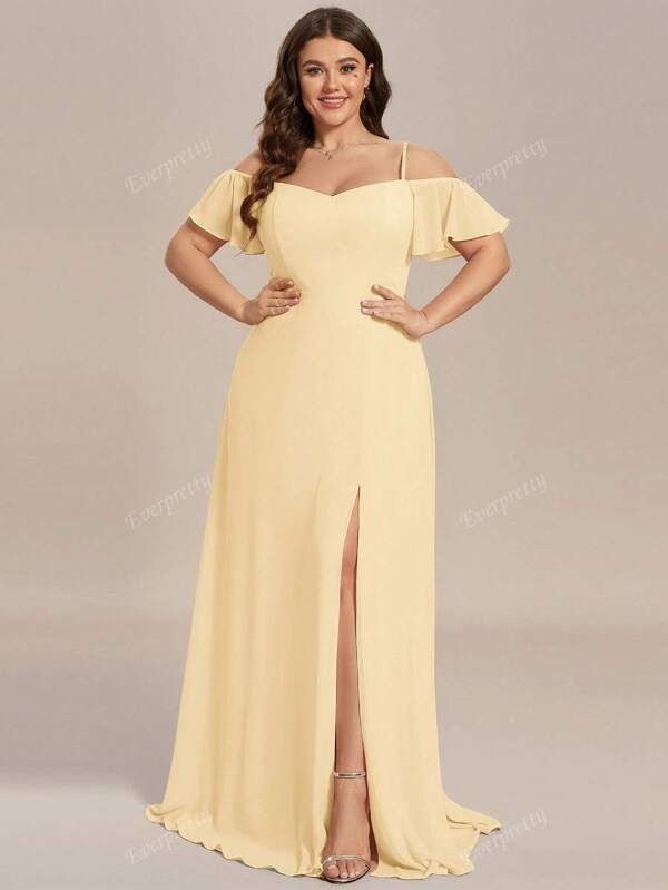 EVERPRETTY Elegantes romantisches glamouröses Abendkleid für Brautjungfern in Große Größen mit Off-Shoulder Ausschnitt, Gelbe Festliche Kleider