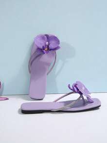 法式花朵平底凉鞋，女士夏季户外休闲拖鞋，新款时尚沙滩派对装 - 紫色 - 查看 5