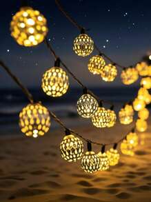 Solar Morrocan Ball String Lights Outdoor, 16.4ft 20 LED Metal Globe Fairy Lights For Christmas, Space-Themed Waterproof Decorative Lighting With 600mAh Nickel Battery, Push Button Control