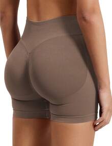 VOYJOY Pantaloncini sportivi da donna, pantaloncini da palestra con glutei scrunch, con schiena a V, vita alta, sollevamento glutei, motociclista, pantaloncini estivi per allenamento fitness - Castano - Visualizzare 1