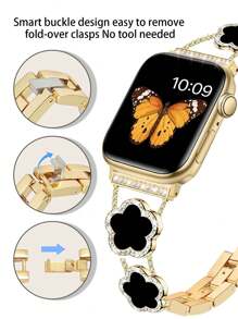 1pc Compatible With Apple Watch Band Watch Strap Women, Black Five Leaf Clover Diamond Golden Copper Strap, Summer Flowers Metal Bracelet,Compatible With Apple Watch 38/40/41/42/44/45/46/49 Mm, Compatible With Apple Watches Series Ultra3/2/1/Se/10/9/8/7/6/5 4/3/2/1, Ms Old Money Wind High Fashion Accessories