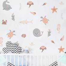 Pegatinas de pared con animales marinos pintados a mano de dibujos animados para decorar la habitación de los niños, la guardería, la sala de estar y el dormitorio - Multicolor-B - Ver 6