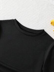 青少年女孩黑色纯色褶饰蝴蝶结连衣裙，休闲涤纶针织面料，略有弹性，常规版型，适合春夏秋季 - 黑色 - 查看 4