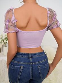1pc Cute Butterfly Ditsy Floral Puff Sleeve Drawstring Tie Crop Top Corselet For Women
