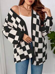 Plus Size Plaid Casual Long Sleeve Knit Cardigan, Winter Black - Black - View 6
