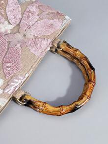 大容量亮片刺绣花卉手提包，双手柄竹制手提包，女士简约时尚手提包，适合聚会、约会、购物、送礼、度假、婚礼、通勤、大学。（图案位置随机裁剪）