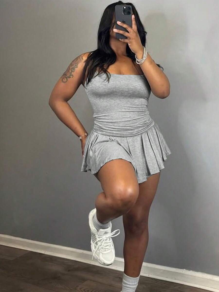 2pcs Plus Size Solid Color Camisole & Skirt Set, Fashionable Casual Style For Daily Wear, Comfortable - Light Grey - View 1