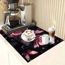 1pc Floral Print Drainage Mat/Absorbent Mat/Drying Mat For Coffee Maker, Dishware - Polyester Tabletop Protective Mat, For Kitchen Counter Decor, Home Bar & Dining Table Placemats - HQQLSD152 - View 6
