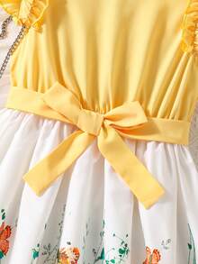 女童荷叶边下摆数码印花拼接腰部连衣裙（配腰带） - 黃色 - 查看 5