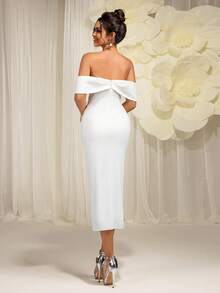 EVERLYL 女士优雅交叉露肩褶皱开叉大腿鸡尾酒会超长舞会礼服，精致迷人的白色半正式婚礼宾客礼服，适合生日、毕业典礼、晚宴、返校节礼服夏季