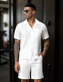 Conjuntos de Hombre Sencillo y Moda Camisa y Pantalón Corto, Ropa de Playa Hombre Casual de Manga Corta y Pantalones Cortos con Rayas Onduladas - Blanco - Ver 3