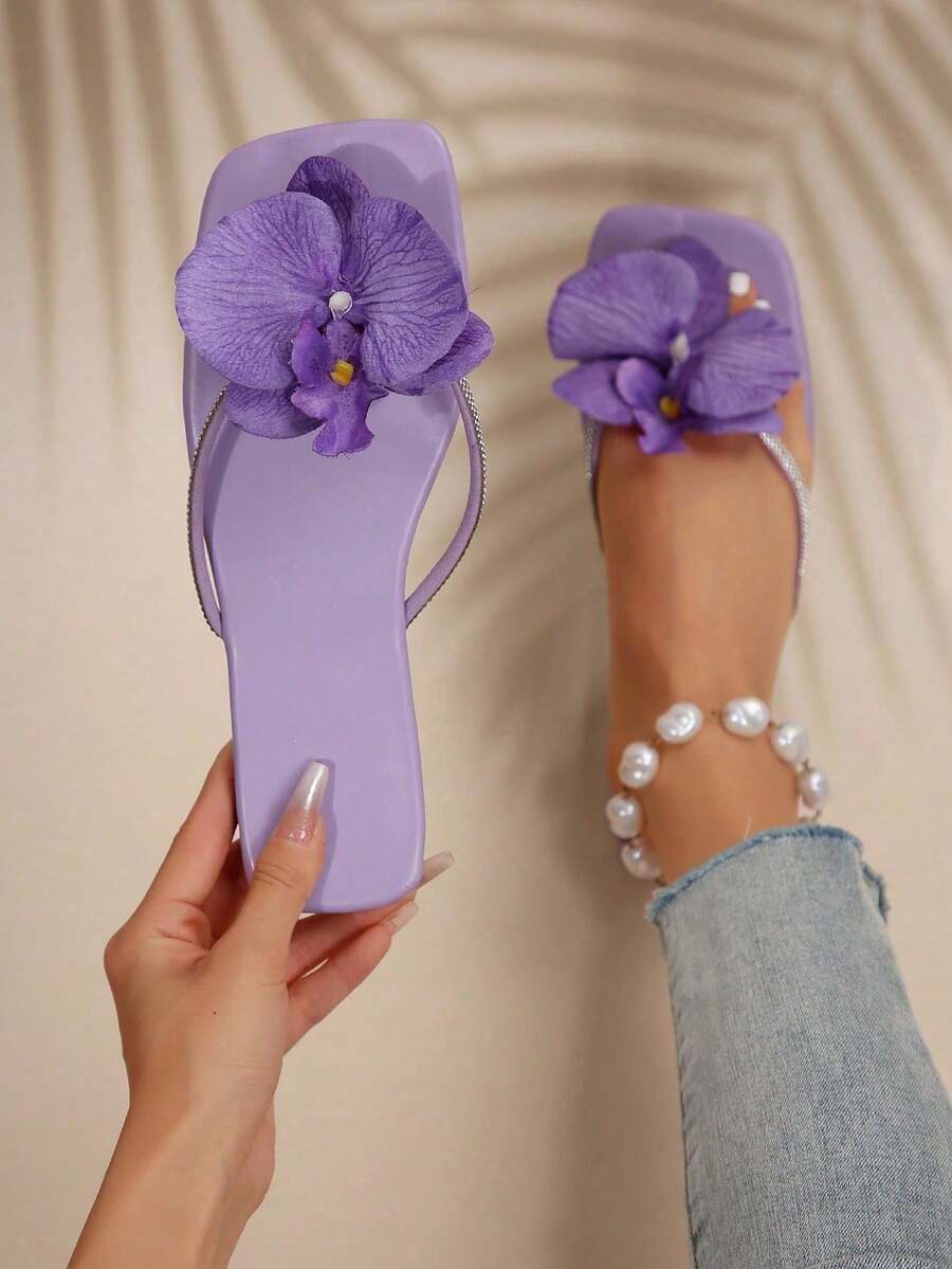 法式花朵平底凉鞋，女士夏季户外休闲拖鞋，新款时尚沙滩派对装