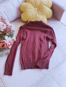 Basic Knitted Cold Weather Blouse Round Neck Sweater Women's Fashion - Burgundy - View 2