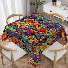 1 块矩形印花桌布，抽象彩色花卉图案，适合派对、野餐、烧烤、节日、户外活动