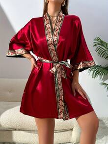 1pc Women's Fashionable Tie Dye Printed Comfortable Casual Lounge Robe, Sexy Faux Silk Mid-Length Tie Waist Bathrobe, Thin Stylish Sleepwear Home Bathroom Decor Summer Back To School - Multicolor - View 6