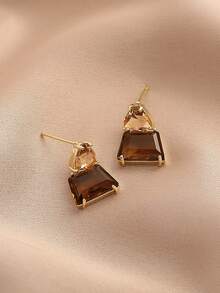 1 Pair Trapezoidal Crystal Earrings, Suitable For Daily Wear - Brown - View 2