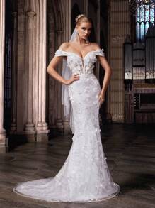 QOQ Vestido de novia romántico de alta gama para bodas de verano, vestido formal de mujer para bodas dulces, fiestas de moda, bodas al aire libre. Vestido de novia blanco con hombros descubiertos y sin tirantes con encaje