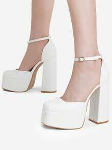 Women's Chunky High Heel Platform Shoes - Putih - View 8