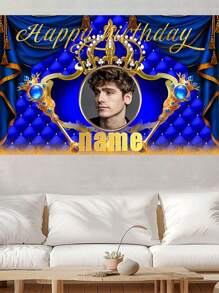 1pc Customizable Name Photo Polyester Crown Birthday Party Backdrop - Personalized Majestic Blue And Gold Design With Beautiful Gold Lettering, Indoor/Outdoor Garden Decorations, Reusable Cake Table Banner Suitable For All Birthdays, Birthday Party Decorations | Gold Engraved Decorations | Elegant Party Accessories, Birthday Party Decorations In 3 Sizes