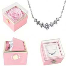 Pink High-End White Moonlight Rotatable Eternal Rose Gift Box, Paired With Four Exquisite White Pendant Necklaces, Suitable For Various Holidays, Anniversaries, Graduation Season, Birthdays, Valentine's Day, And Mother's Day As Gifts For Girlfriends, Mothers, Oneself, And Classmates