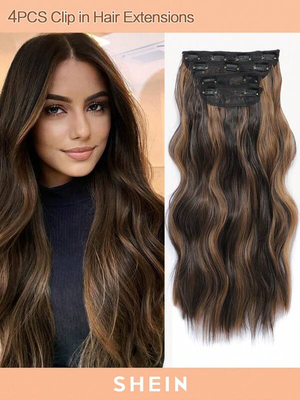 4PCS Clip in Hair Extensions 20inch Wavy Hair Extensions Clip ins Dark Brown with Auburn Brown highlights Hair Extensions Full Head Synthetic Hair Pieces for Women Natural Luster