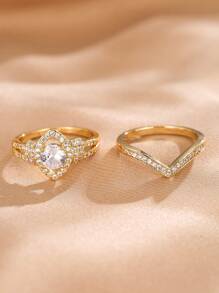 2pcs Women's Elegant High-End Zirconia Ring Set, Fashion Jewelry Gift